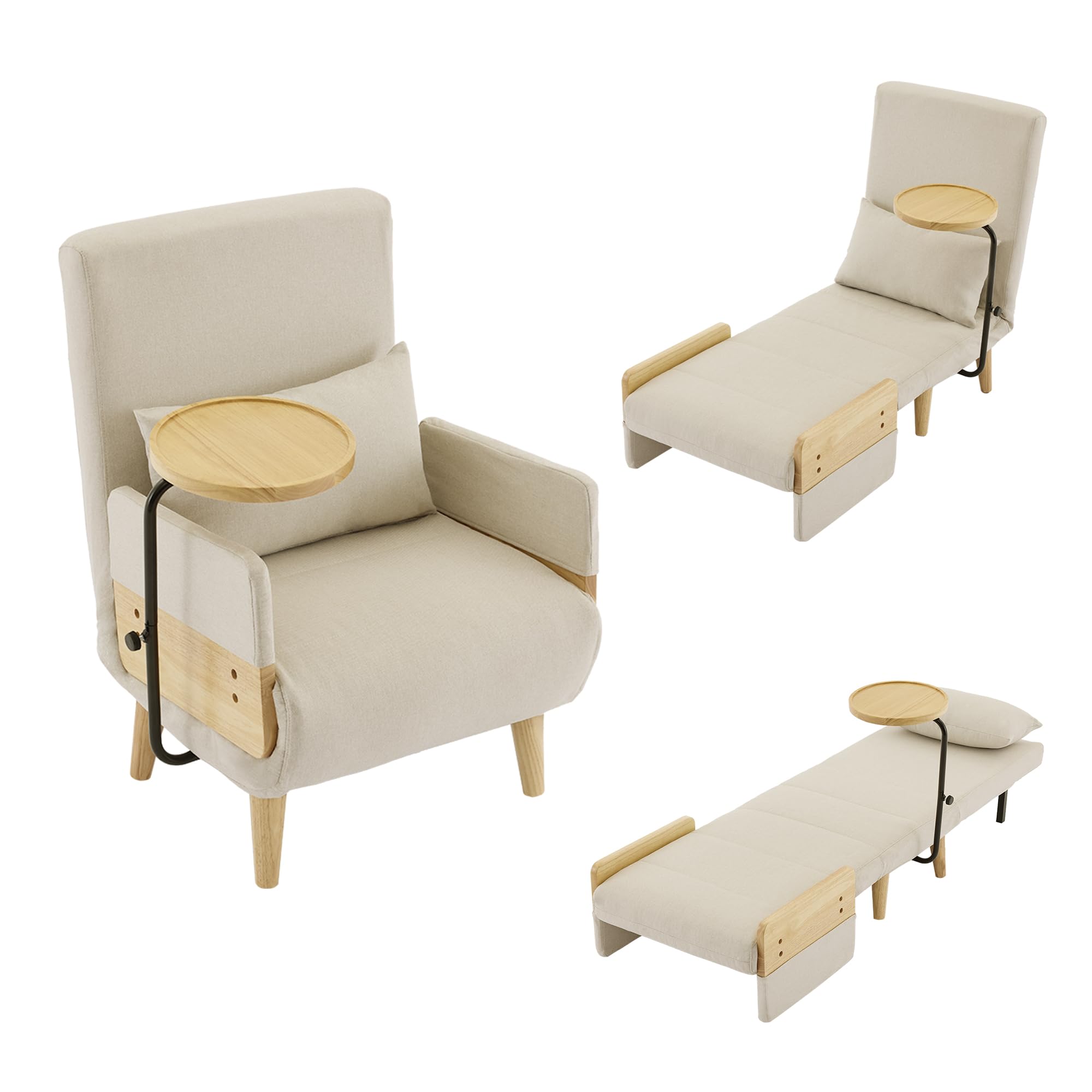 Poltrona di conversione 3 in 1 con funzione di sonno, con vassoio in legno, sedia pieghevole imbottita, seduta imbottita, poltrona lounge, letto singolo, adatta per soggiorno, camera da letto