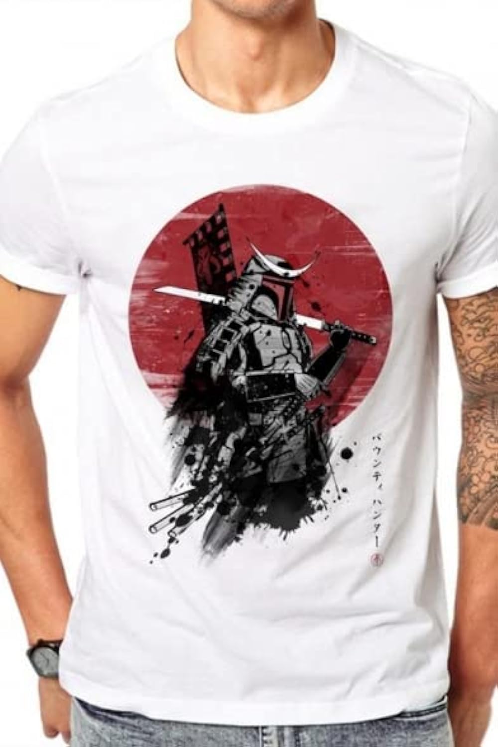 GenericUnisex Basic Street Short Sleeve Crew Neck Cartoon Samurai Printed Slim Fitted T Shirt In White