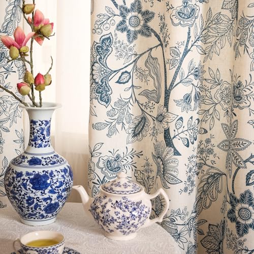 Image of Designer Elegant Linen Printed Curtains,2 Panels,71 inchx65 inch-Ruyi B | Vintage French Cottage Curtain with Grommets 63 inch long,Blue Floral Pattern Draps,kitchen Bedroom Living Room Window