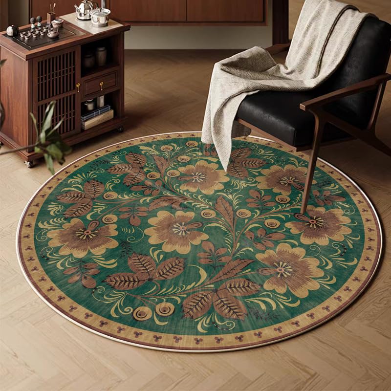 Alfombra vintage floral camello verde de 90 cm redonda