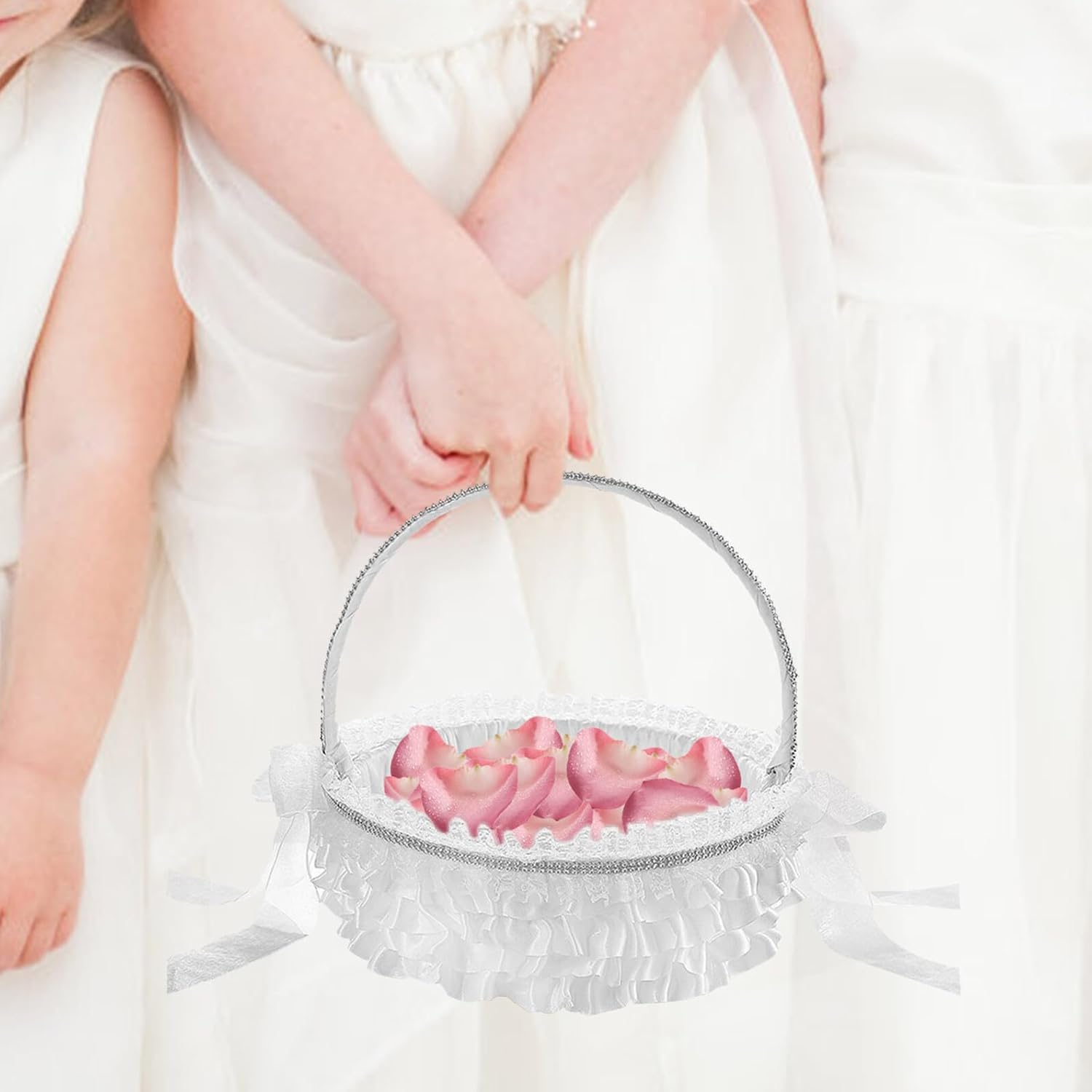 Wedding Flower Girl Basket Handheld White Lace Rustic Storage Basket with Bowknot for Wedding Party Ceremony Supplies Medium Size