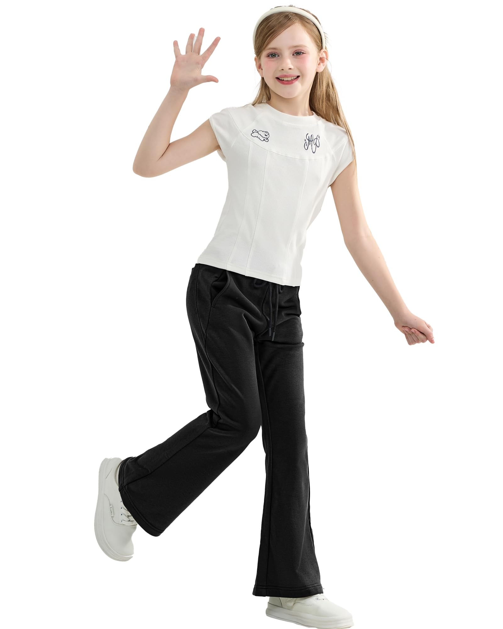 Pantalones de Niña Cintura Elástica Uniforme Escolar Lisos Acampanados Deporte