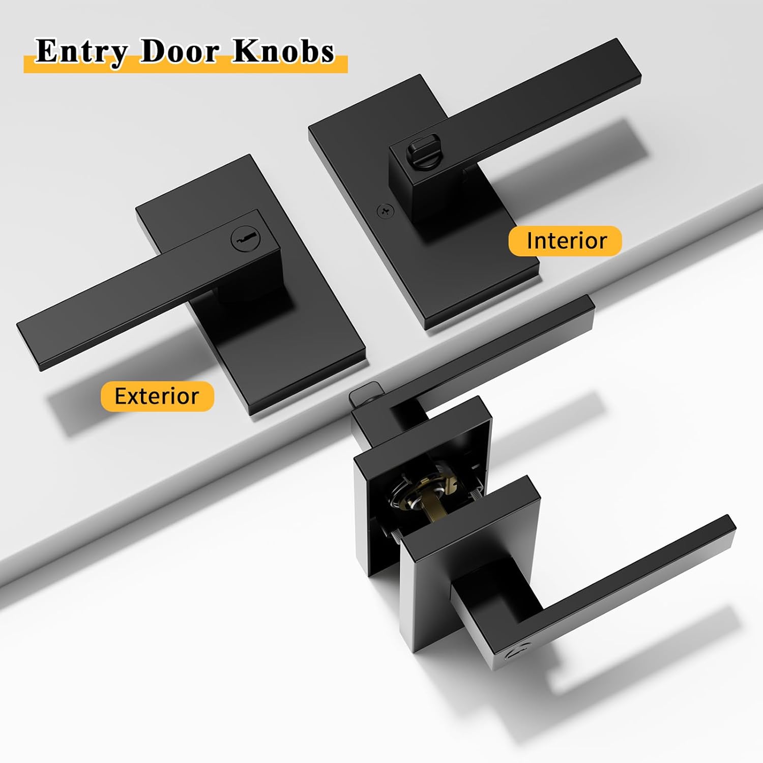 Matte Black Exterior Door Knob, Square Contemporary Entry Lever Door Handle, Keyed Alike Entry Locksets, Heavy Duty Zinc-alloyed Front Door Lock