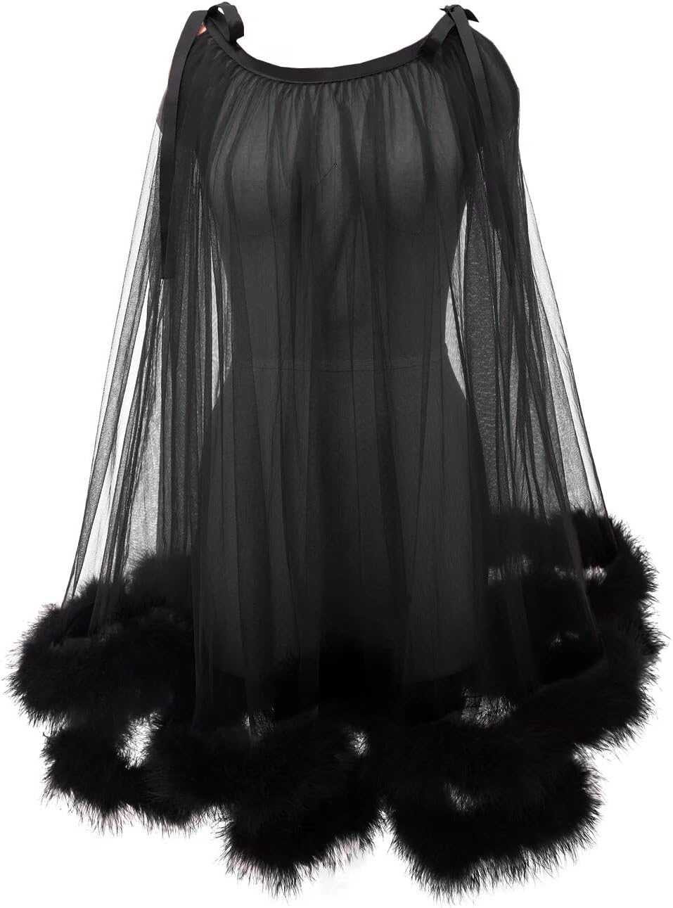 Sexy Tulle Feather Robe Sheer Mesh Fur Illusion Robe Nightgown Bridal Lingeries Gift Women Feather Trim Dress