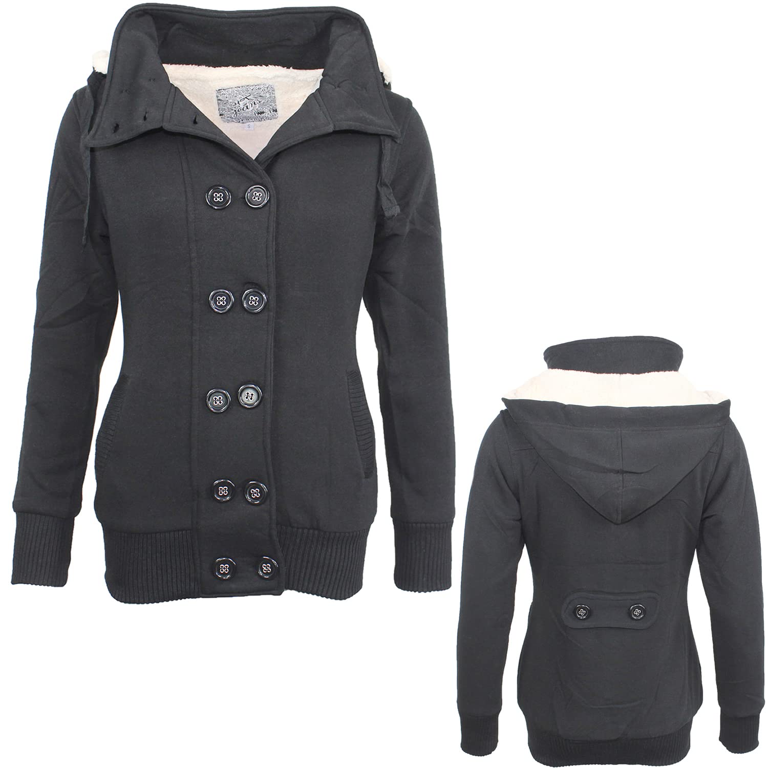 Damen Jacke Mantel Doppelreiher Winterjacke mit Kapuze Dufflejacke Dufflecoat Blazer gefüttert Trenchcoat in Schwarz und Grau