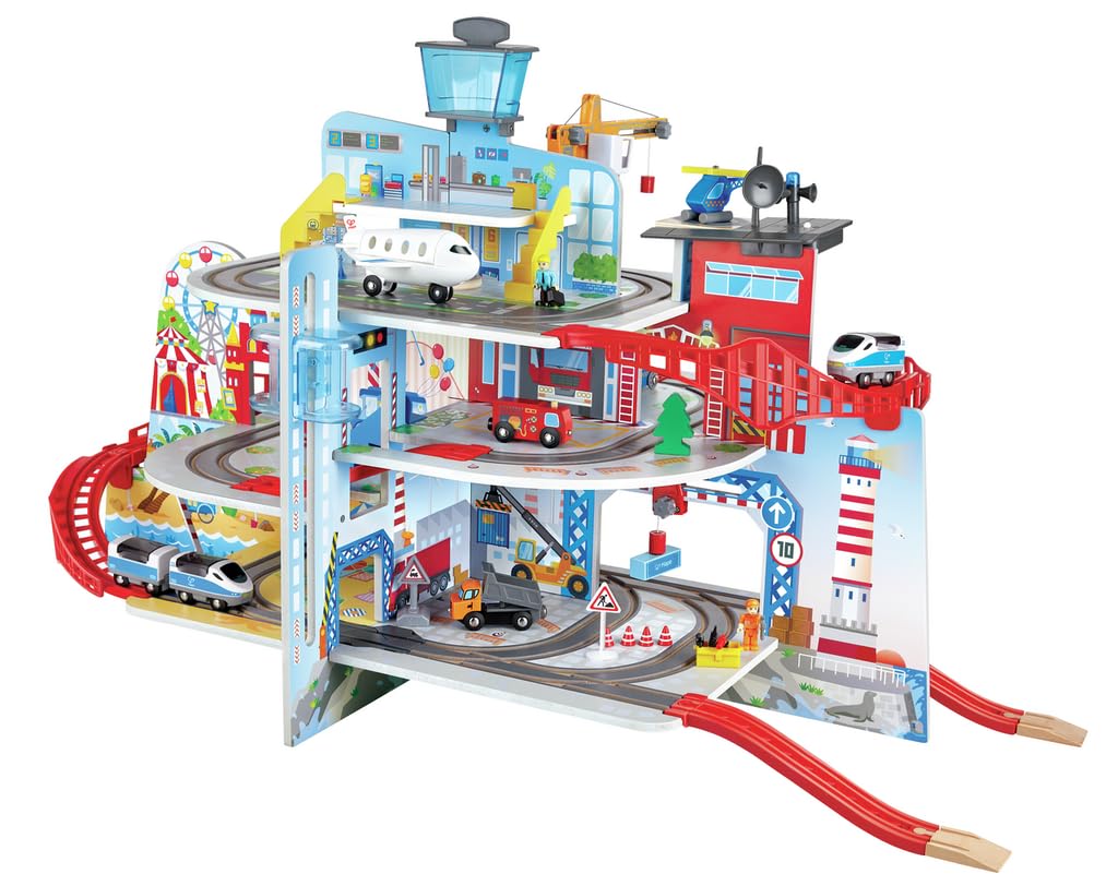 Hape Mega City Eisenbahn Set mit fünf Stockwerken und jeder Menge Zubehör