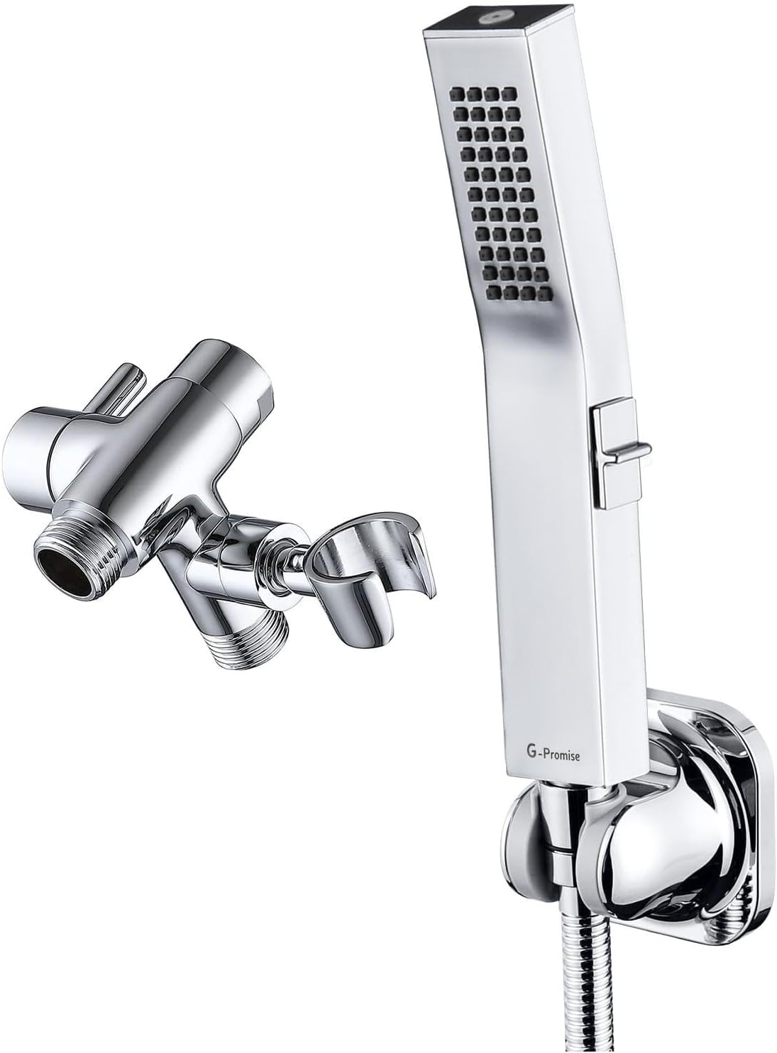G-Promise All Metal Handheld Shower Head Built-in Power Wash Mode, with 70 Inch Stainless Steel Shower Hose Extra Long and Dual Purpose Hand held Holder, Side Push Button, Diverter with Holder
