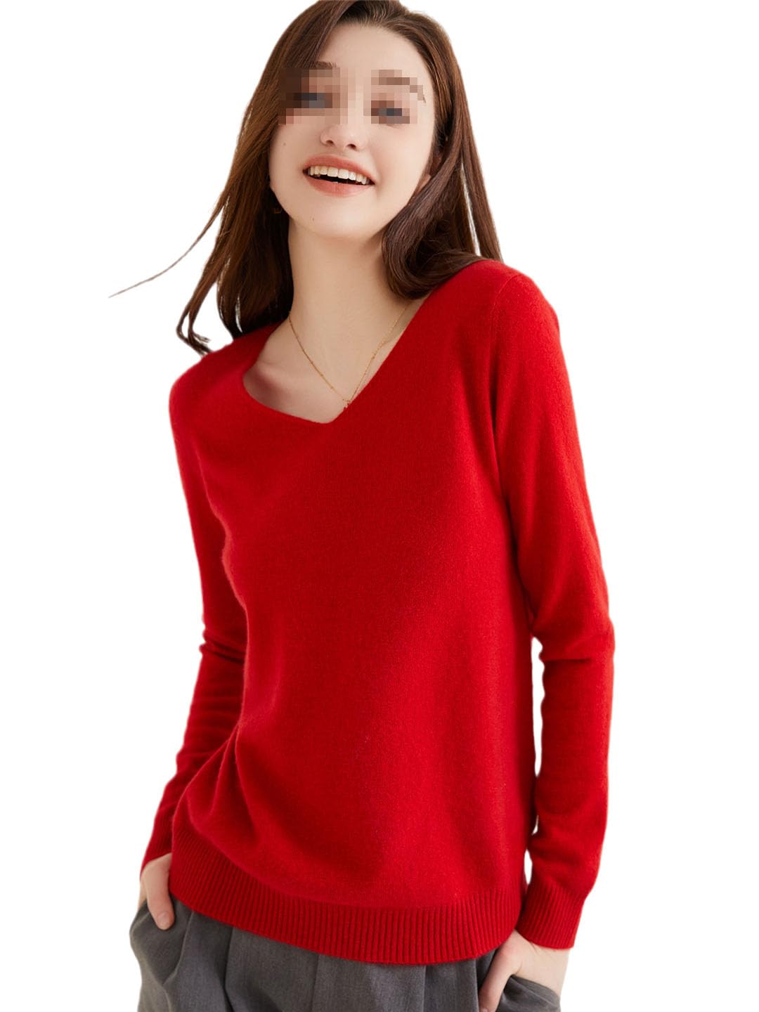 Suéter De Cachemira con Cuello En V para Mujer Jersey Básico De Cachemira Tops De Punto De Manga Larga De Lana