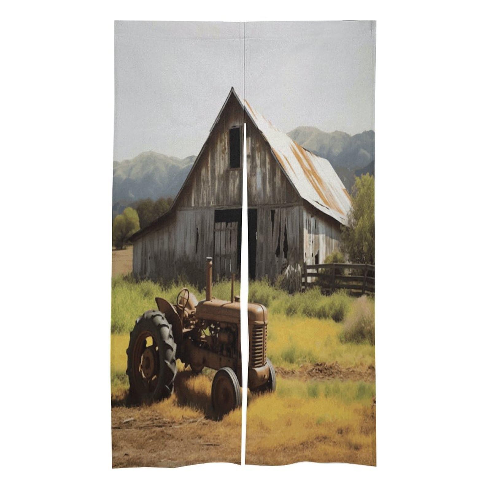 Fekiloot Style Old Wooden Barn With Rusted Tractor Door Curtain For Doorway Privacy French Theme Blackout Curtain Splice Thermal Insulated Door Cover Rustic Room Divider Home Decoration 17W X 57L In