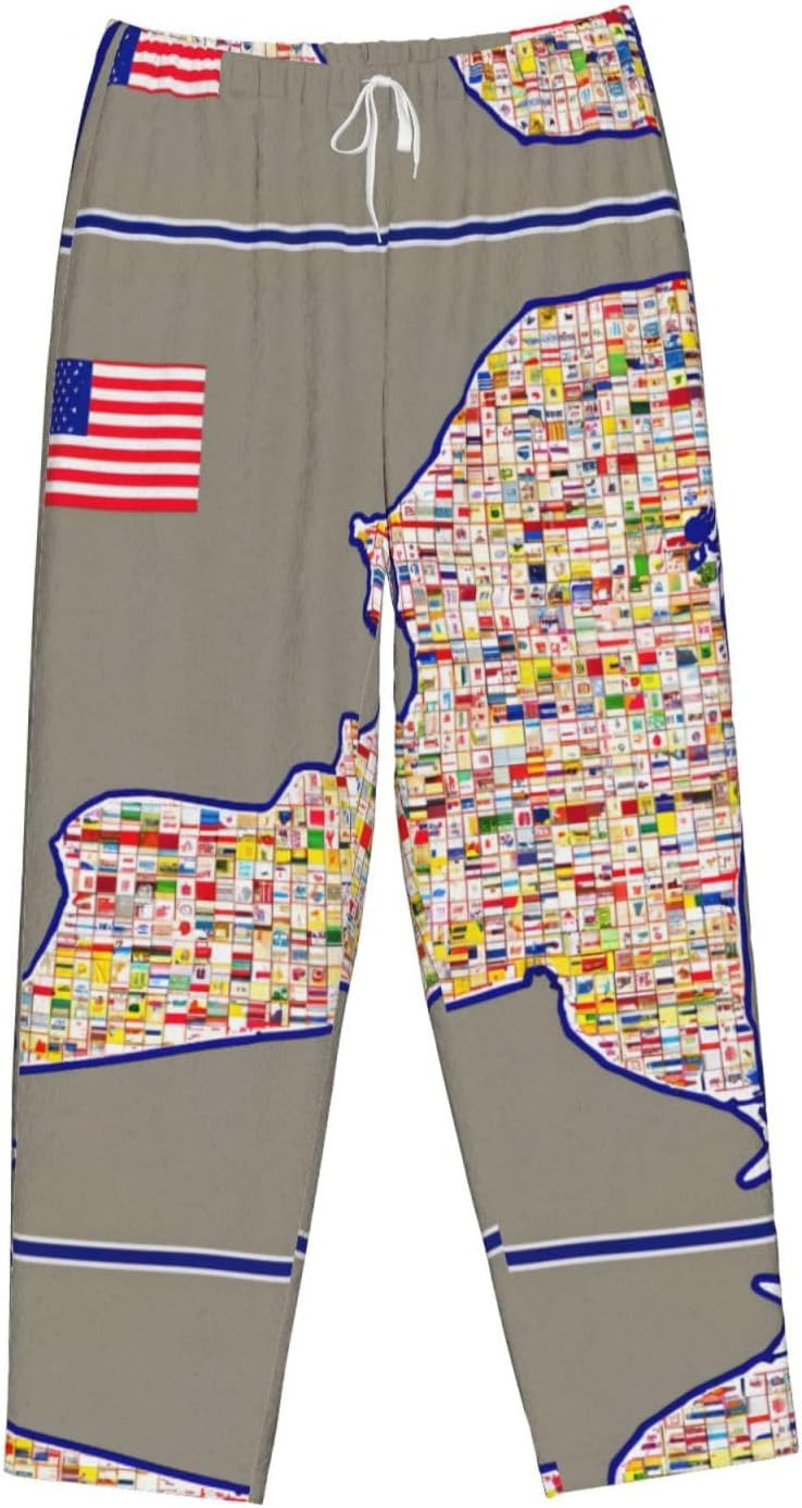 Abstract New York Flag Map Print Cozy Christmas Pajama Pants,Flannel Pajama Bottoms,Cater To Various Body Types