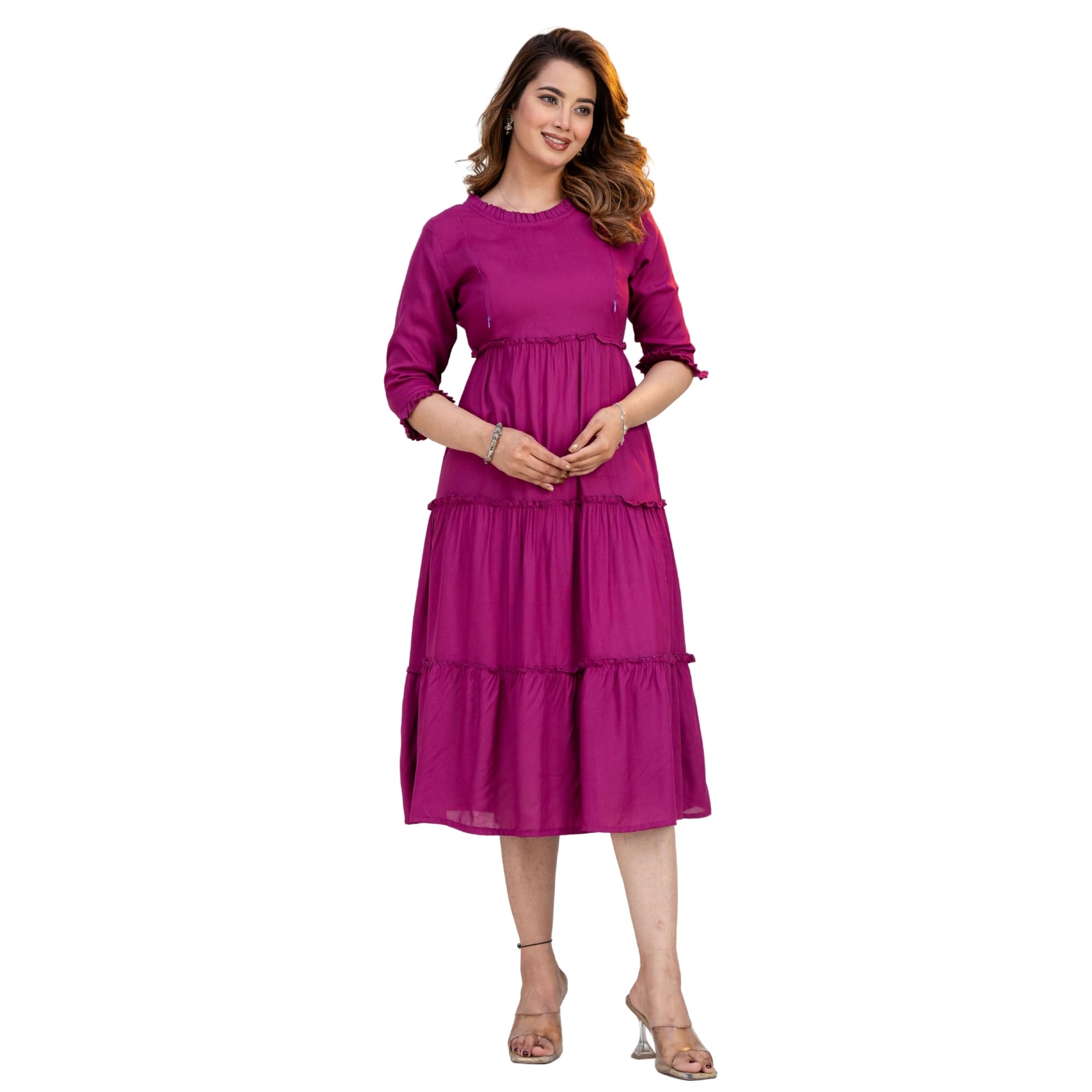 Women’s Maternity & Feeding Midi Dress | Fit & Flare Dress with Concealed Zipper | 3/4 Sleeve Nursing Dress for Daily Wear-image-2
