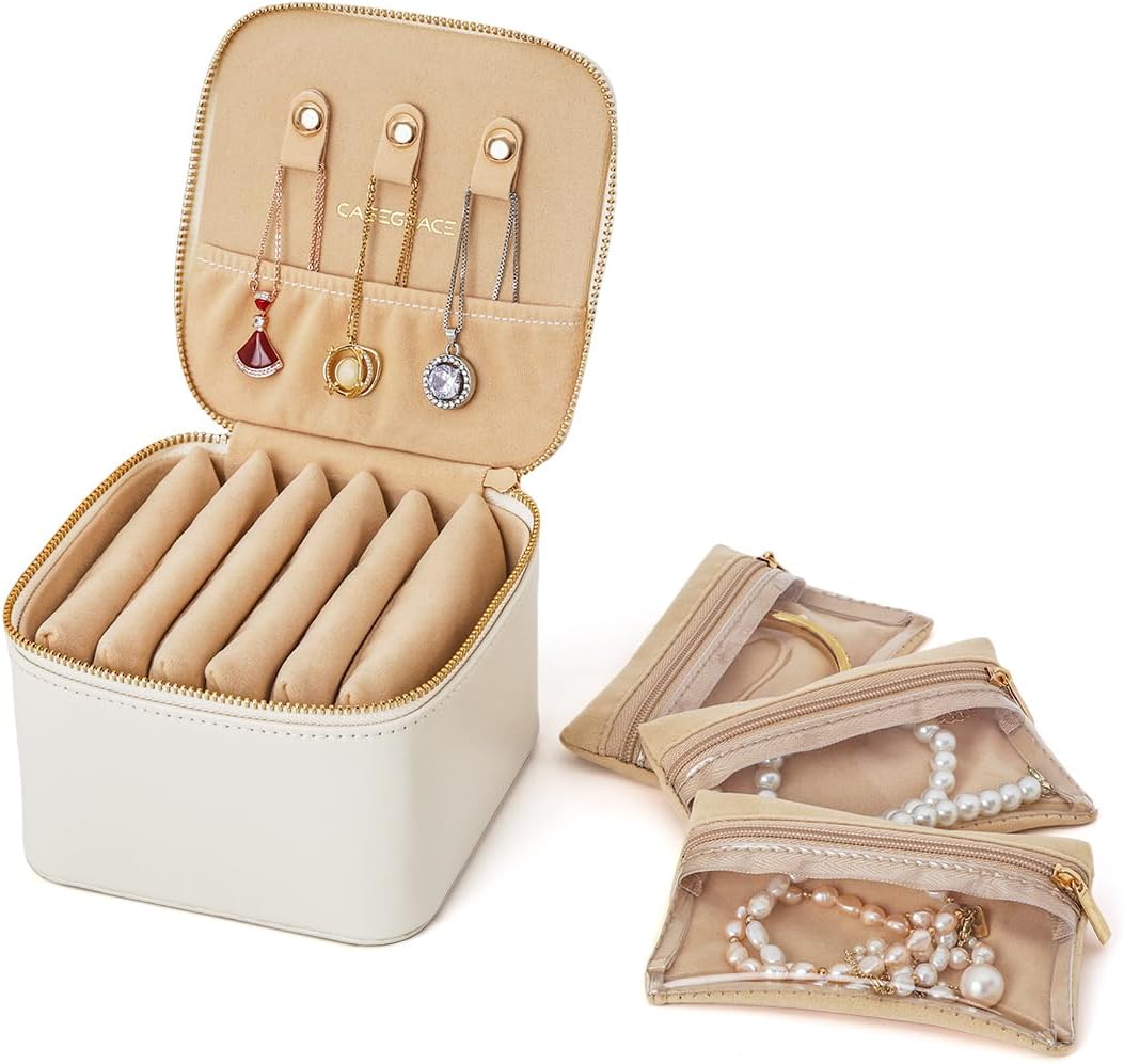 CASEGRACE Travel Jewelry Case, Jewelry Organizer with 6 Velvet Pouch Bags, Travel Jewelry Storage for Necklaces Rings Earrings, Gift for Women Girls, Beige White