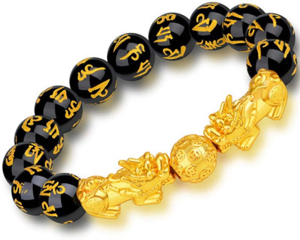Feng Shui Black Obsidian Wealth Bracelet，Vietnamese Sagin Pixiu Character for Protection Can Bring Luck and Prosperity，Suitable for Any Occasion,Unisex( Double Pixiu A)