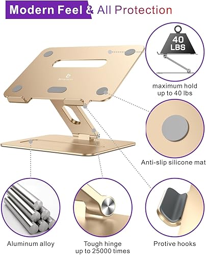 Miniatura 4 de Macaroon Gold - Soporte ergonómico de aluminio ajustable para computadora portátil con ventilación térmica, plegable, compatible con portátiles de