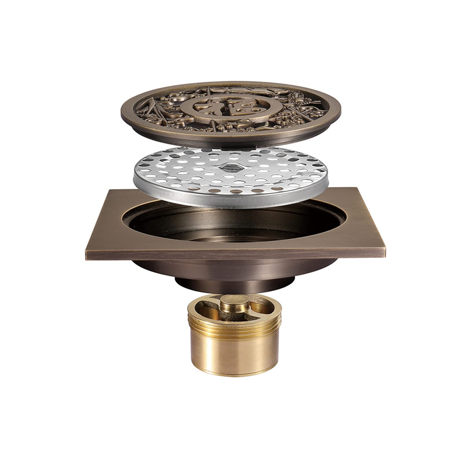 Desagüe de suelo empotrado de acero inoxidable, Desagüe de piso ducha cuadrado latón 4 pulgadas bronce
