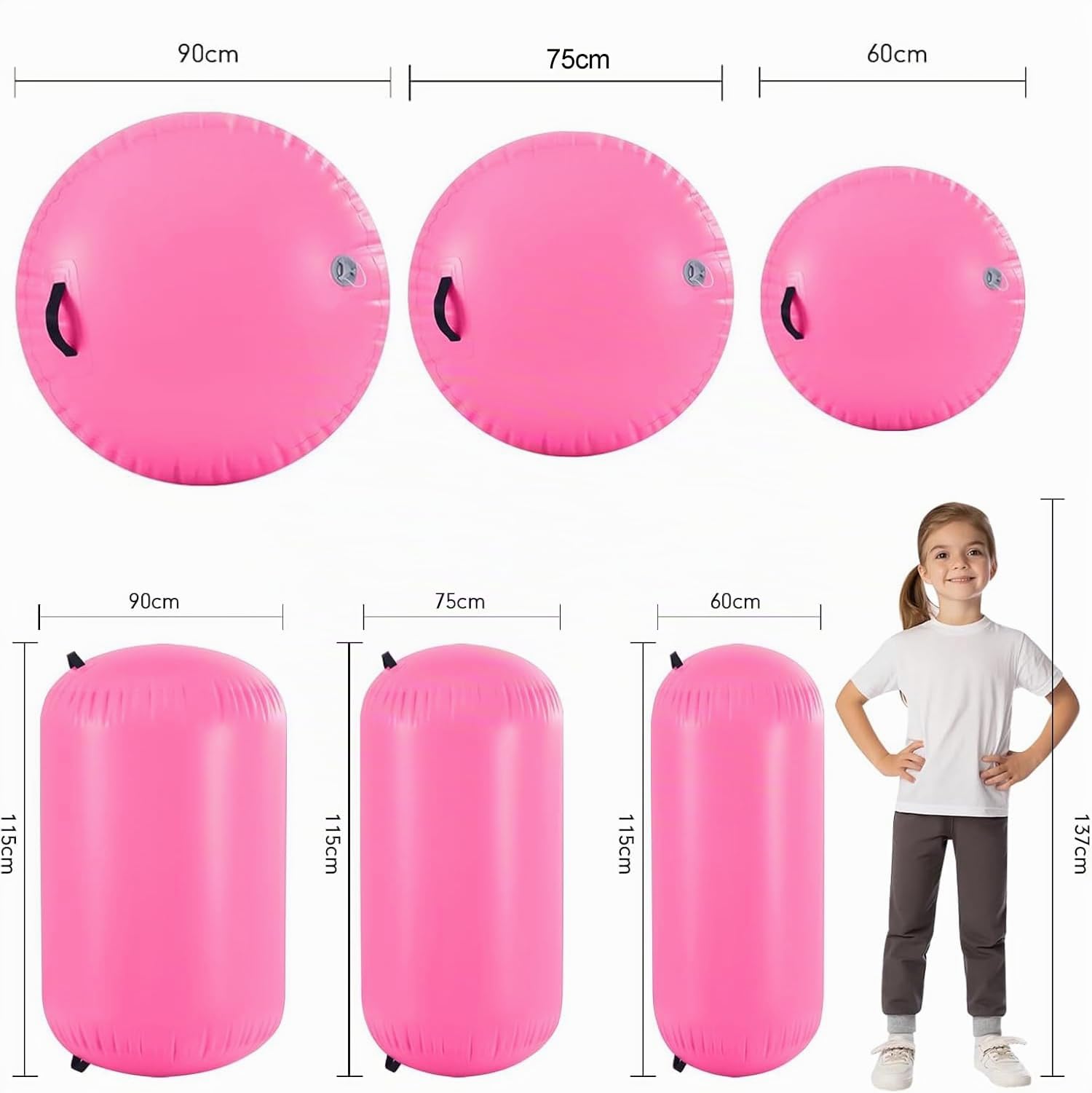 Aufblasbarer Air Roller 60/75/90 cm Air Barrel Luftrolle Gymnastikmatte mit Elektropumpe, Tumbling Mat für Rückwärtsüberschläge, Yoga & Wassergymnastik für Erwachsene & Kinder