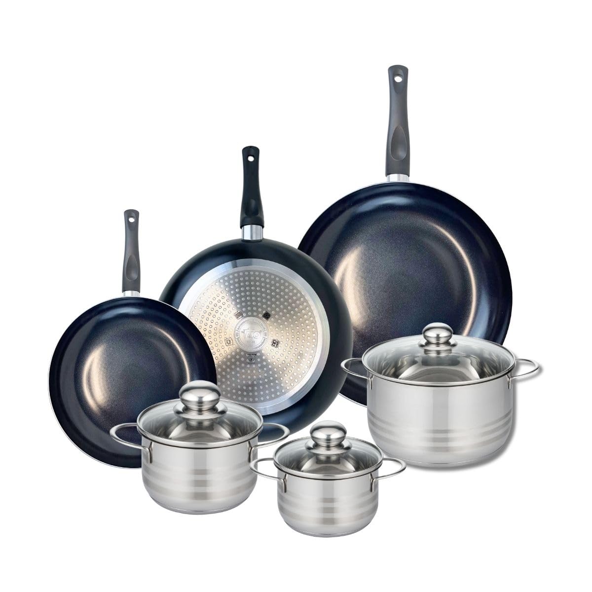 ELO 9751750 Naczynia kuchenne 6 sztuk, zestaw 3 patelni 24, 28 i 32 cm i 3 patelnie 14, 16 i 20 cm Elo Prima połysk, stal nierdzewna, indukcyjna