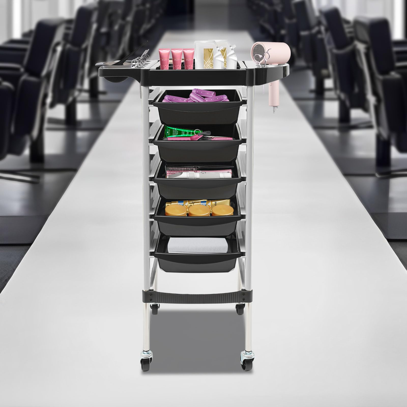 Chariot de coiffeur avec roulettes, chariot de coiffure, chariot de salon, chariot de service avec 6 étages, organiseur d'ustensiles de salon, multifonction (blanc)