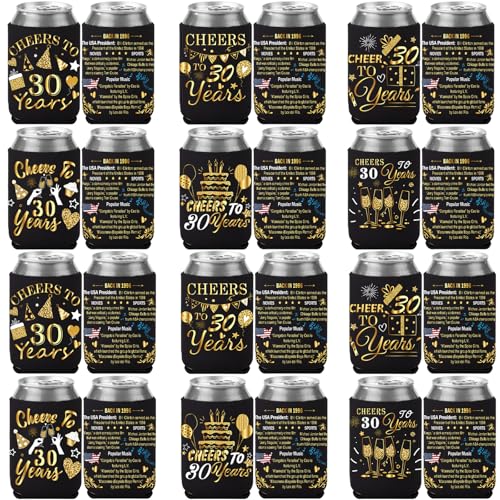 Dirty 30 Birthday Decorations for Him 24 Pcs Cheers and Beers to 30 Years Cans Cooler Sleeves Vintage Black Gold 1996 Birthday Decor Can Coolers for Men Thirty Year Old Party Favors Supplies Gifts