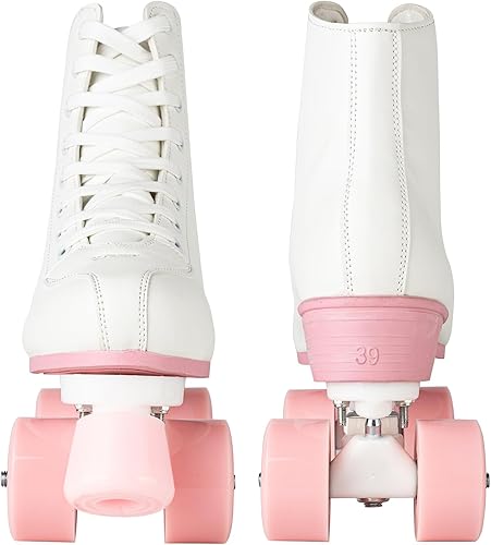 Miniatura 8 de YYW Patines de ruedas para mujeres y niñas, patines de derby de luces, patines de cuero sintético de doble fila, patines negros y rosas, para Blanco