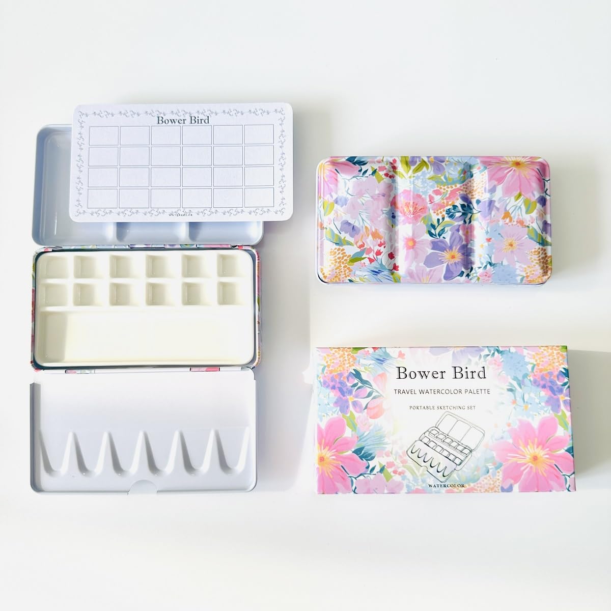 Bower Bird Silver Travel Watercolor Palette,Portable Ceramic Palette,Empty Paint Palette,Small Travel Metal Paint Boxwith Porcelain Palette