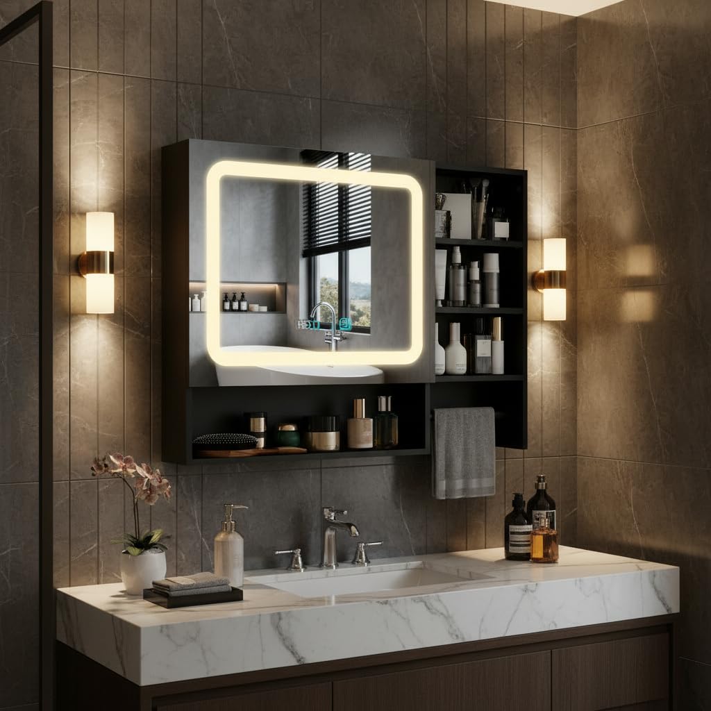 YU YUSING Armoire Salle de Bain avec Miroir LED 80x60cm, Meuble de Toilette Suspendu avec 6 Étagères et Porte-Serviettes, Hauteur Réglable, Anti-Buée, 3 Températures de Lumière Réglables, Noir