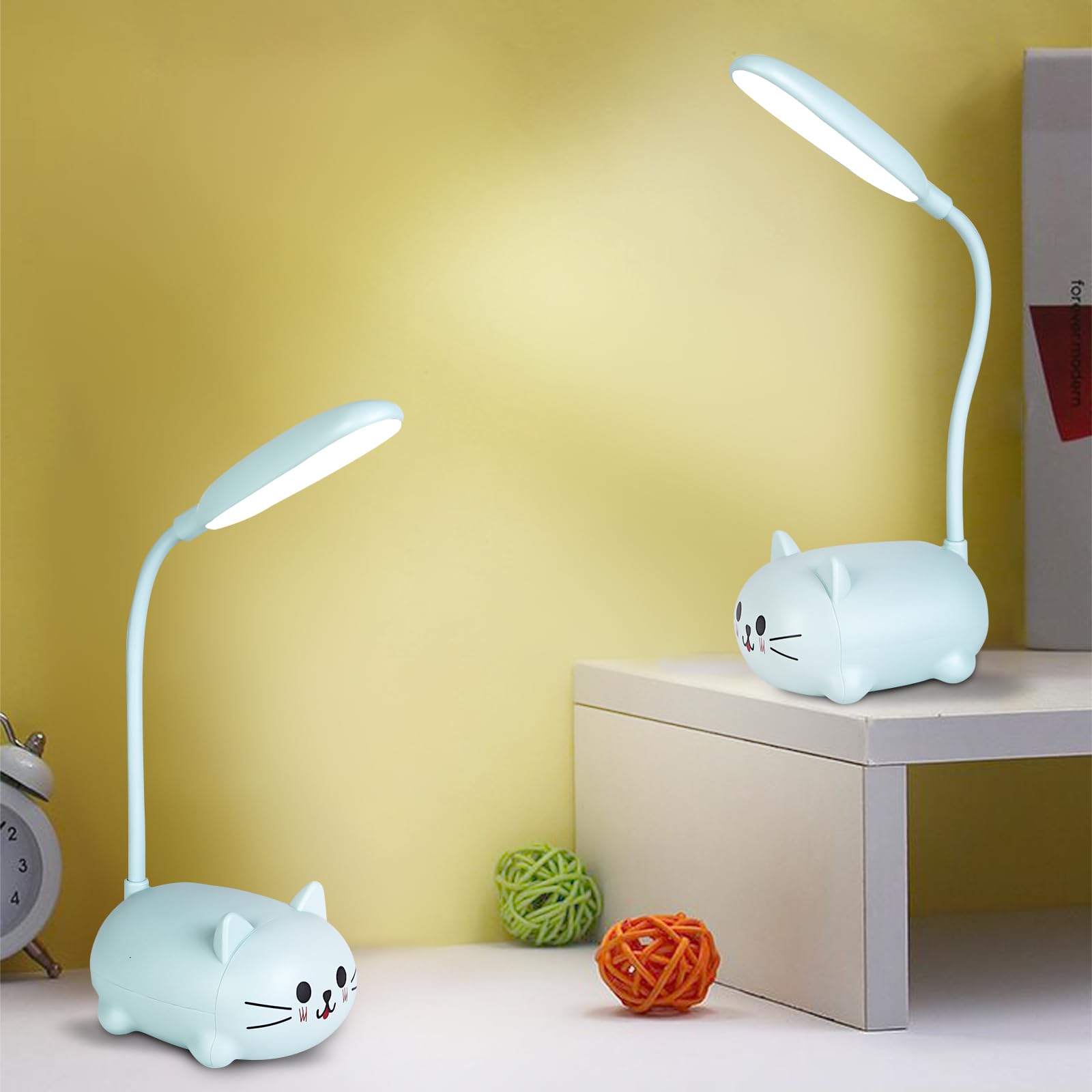 Molbory Lámpara de Escritorio para Niños, Lámpara de Lectura con Protección para los Ojos Recargable por USB, Lámpara de Mesa LED para Gatos con Soporte para Teléfono Móvil, Regalo para Niños