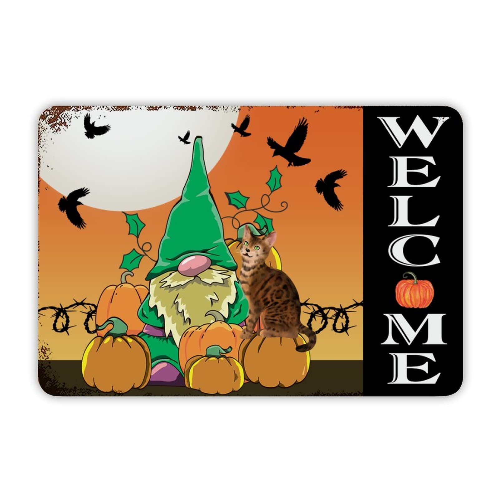ENEDNATE Farmhouse Rustic Aluminum Sign Welcome Halloween Pumpkin Gnomes Cat Bat Metal Sign Retro Aluminum Tin Sign for Kitchen Bedroom Living Room Wall Art Door Hanger Home Decor Sign 8x12 Inch