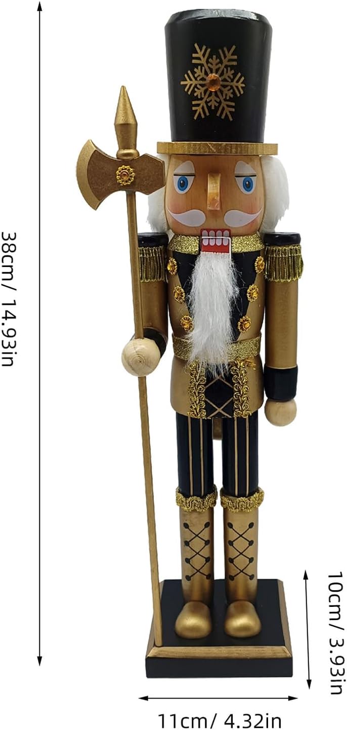 Traditional Black and Gold Wooden Nutcracker Soldier Figure, Christmas Nutcracker Ornament for Holiday Tabletop Décor and Festive Home Display