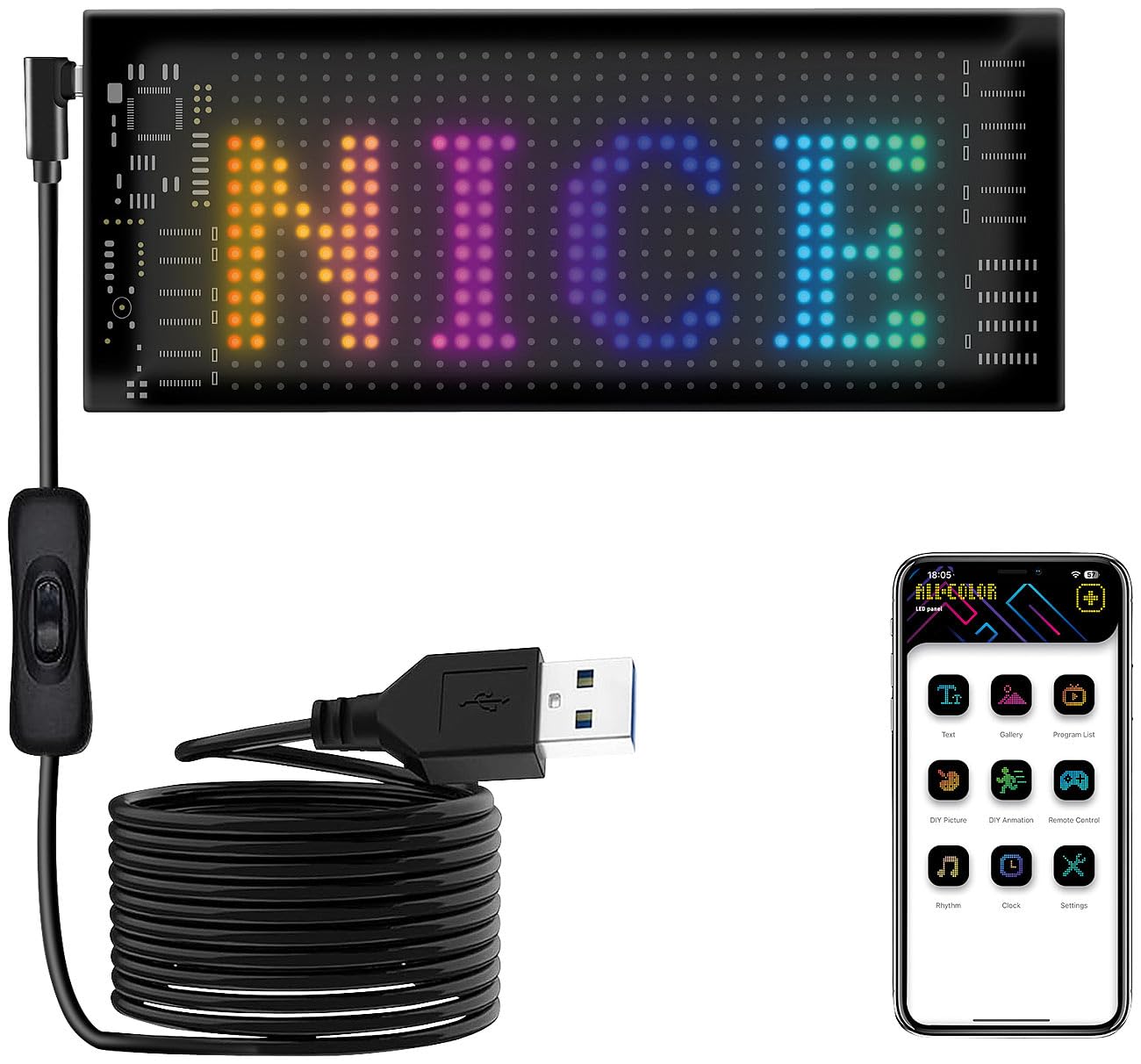 5V/ 2A USB LED-Anzeigetafel, Programmierbar LED-Schild FPCB Leuchtschild für Auto LKW Geschäft Bar Text/Graffiti (37,4×9,2cm