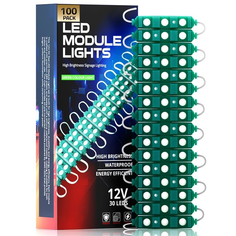 DC 12V LED Modules SMD Injection Light Waterproof LED Strip Sign Backlight for Advertising Letter Sign, Decorative Lighting with Tape Adhesive for Indoor Outdoor Use (Green, 100 Pack)