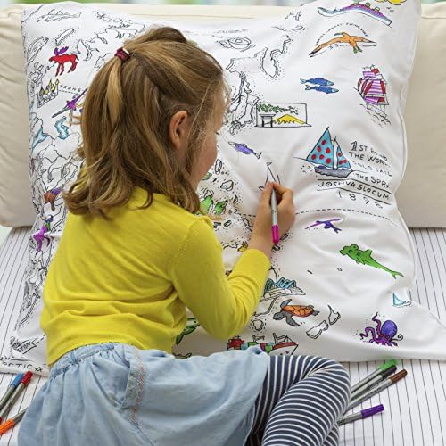 eatsleepdoodle world map cotton soft Square Pillowcase 80x80cm - fun, educational world geography learning doodle pillowcase - Kid's world map Colouring Pillowcase with Washable felt tip Fabric pens