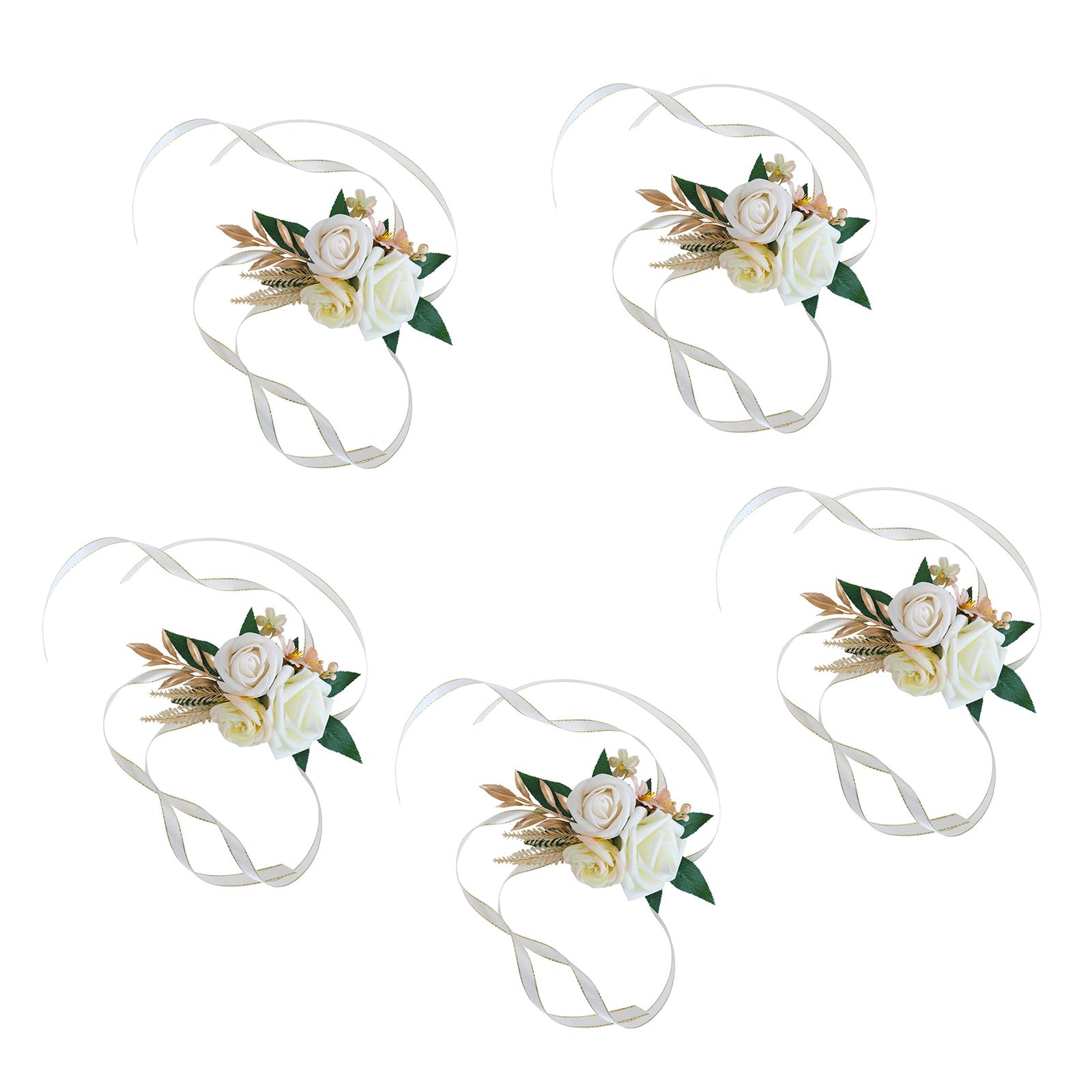 Kalttoy 5Pcs Rose Wrist Corsages Bracelets Artificial Rose Boutonniere for Grooms and Bride Wedding Party Proms Suit Decorations Prom Corsages Bracelets