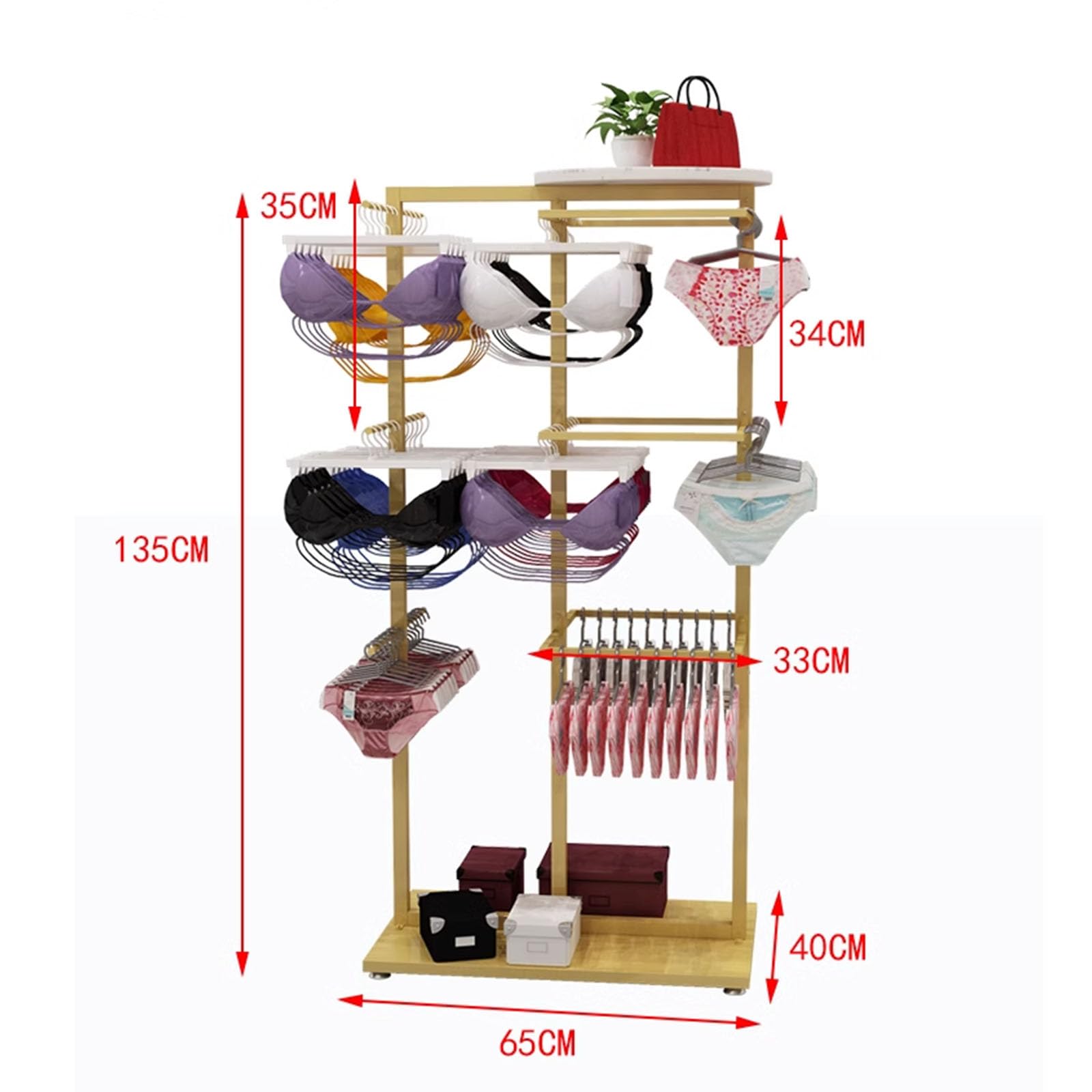 TBLOTYD Clothing Store Commercial Shelves Floor-Standing Display Rack for Underwear Socks Accessories Scarves and Gloves, Lingerie Standing Bra Panties Underwear Stand Shelves,Gold