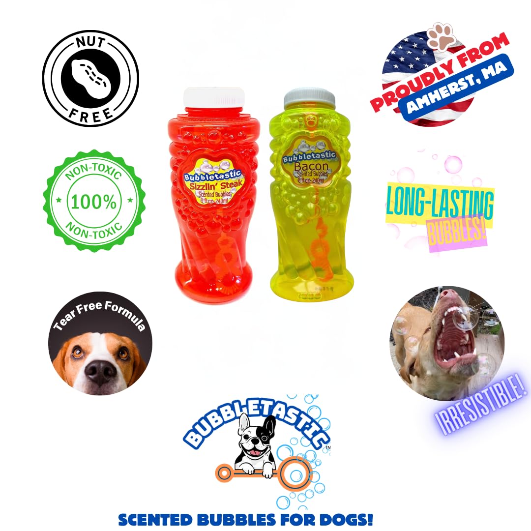 Steak and Bacon Scented Bubbles for Dogs - 2 Pack, 8 oz Each - 100% Non Toxic and Tear Free