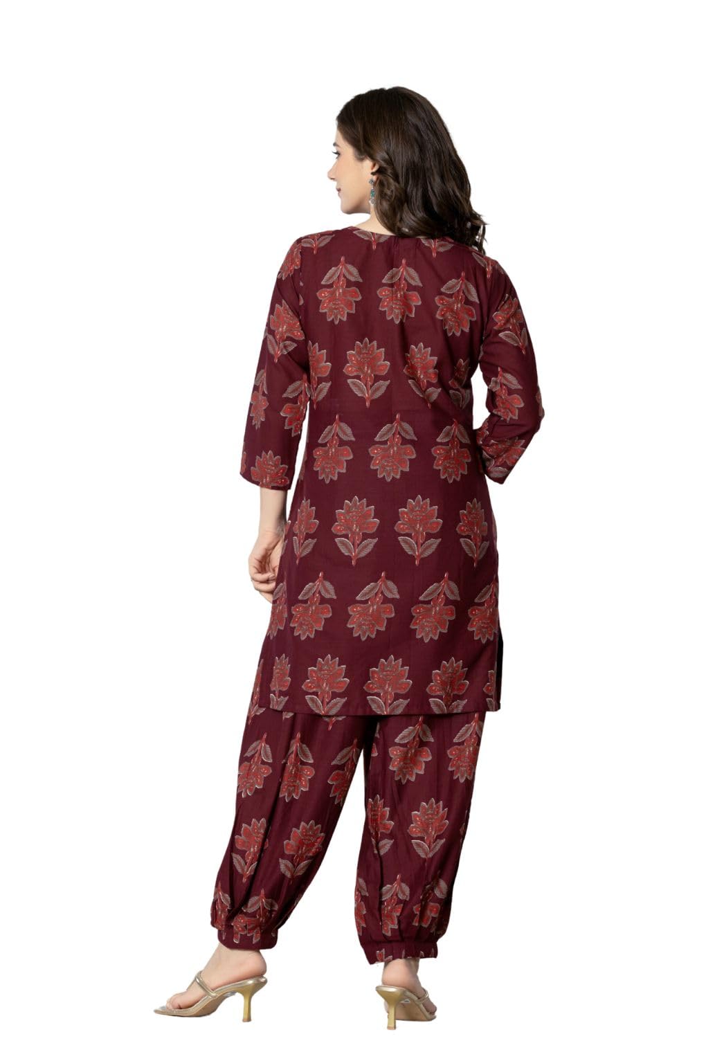 Rytras Women's Pure Cotton Printed Straight Kurta Set With Palazzo Pants - Ethnic Wear, Maroon(Ryt593,L)