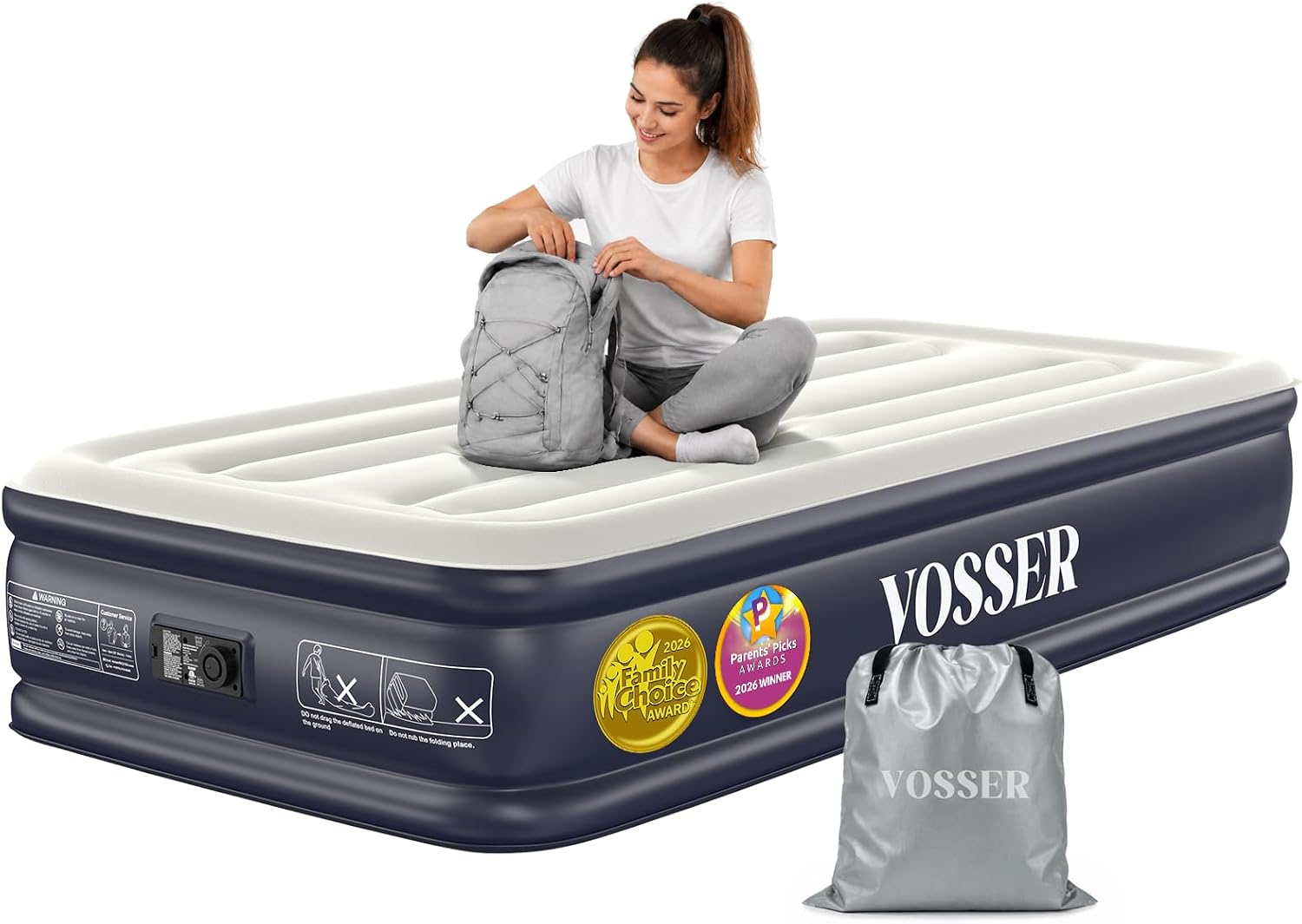 VOSSER Twin XL Air Mattress with Built-in Pump, 13" Raised 80“ Extra Long Inflatable Blow Up Mattress, Flocked Top Single Air Bed for Home, Guests &Floor,Portable Bed Twin Size Air Mattress