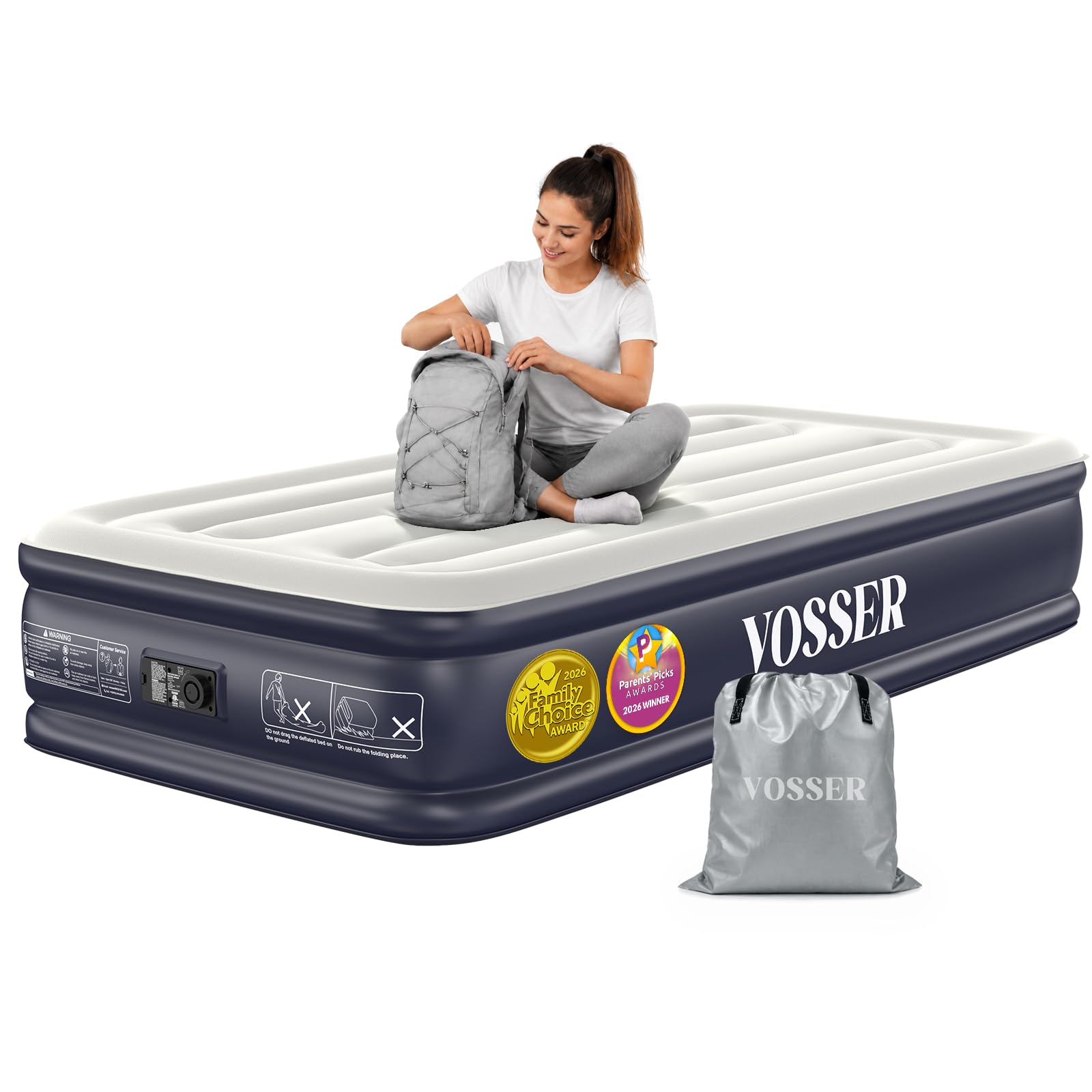 VOSSER Twin Air Mattress with Built-in Pump,13" XL-Long Blow Up Bed,500 lb