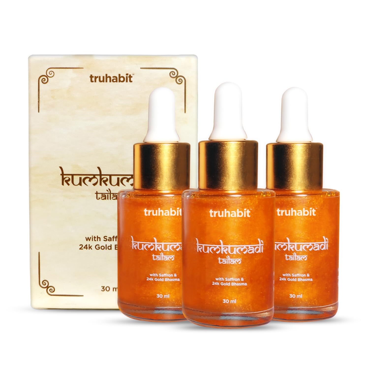 TruHabit Kumkumadi Tailam with Saffron & 24k Gold Bhasma | Traditional Ayurvedic Face Oil for Radiance & Nourishment | Premium Herbal Blend | 30ml Each (Pack of 3)