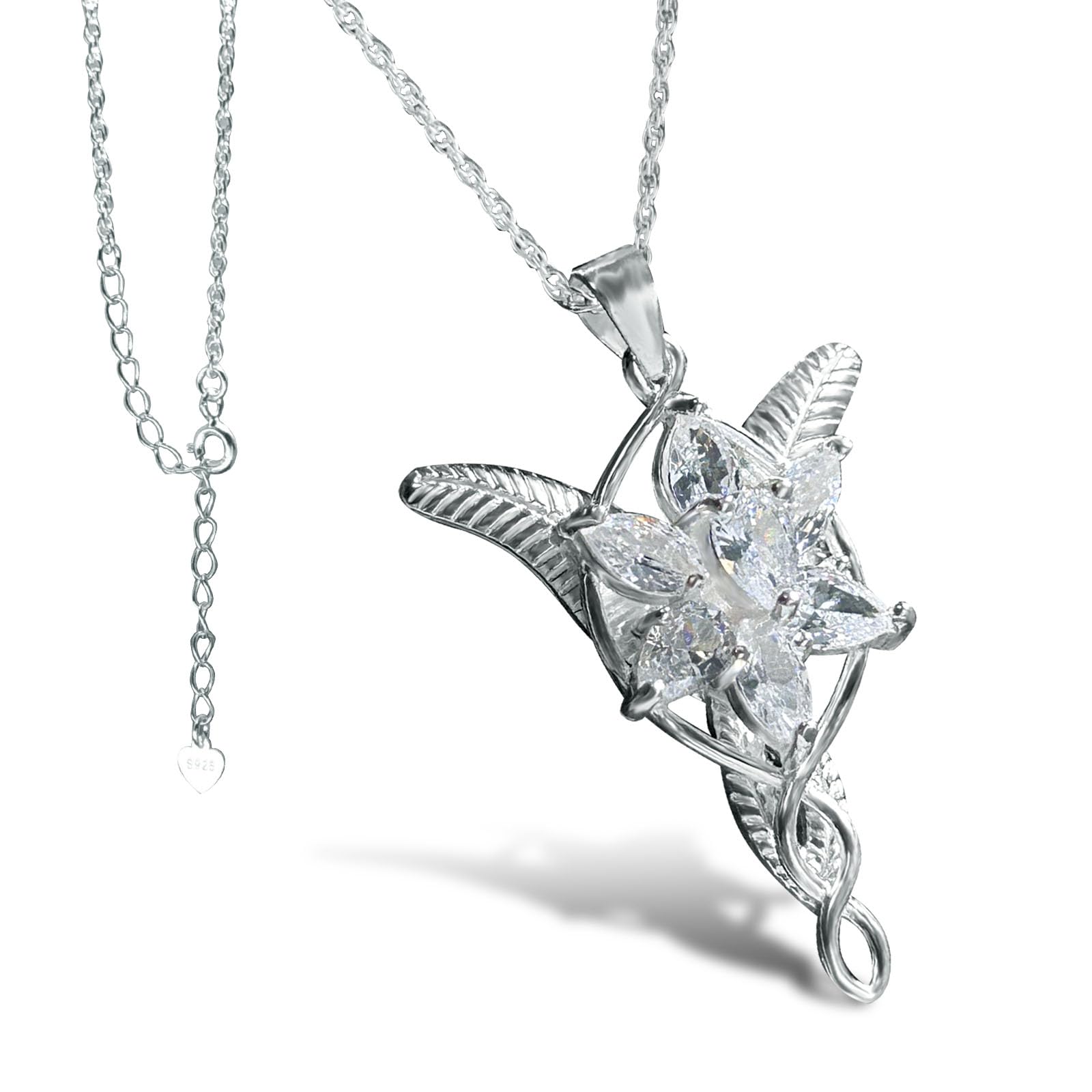 bahamut 925 Sterling Silver Arwen Evenstar Pendant Necklace with 5A Cubic Zirconia, Princess of the Elves Jewelry for Women Silver Medium