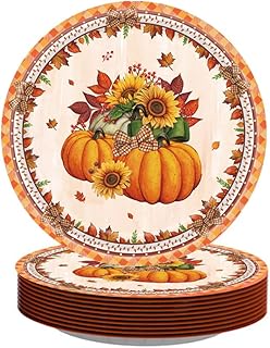BWDCQMX Fall Leaves Paper Plates for Thanksgiving Pumpkin Sunflower Disposable Paper Plates Thanksgiving Decorations Party Supplies Serves 24, 7''