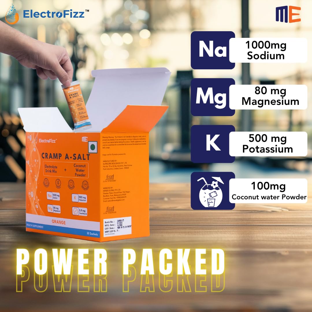 Cramp A-salt Electrolyte Mix | Sodium, Potassium, Magnesium, Coconut Water Powder | Zero Sugar (30 Sticks, Orange) - Image 2 thumbnail
