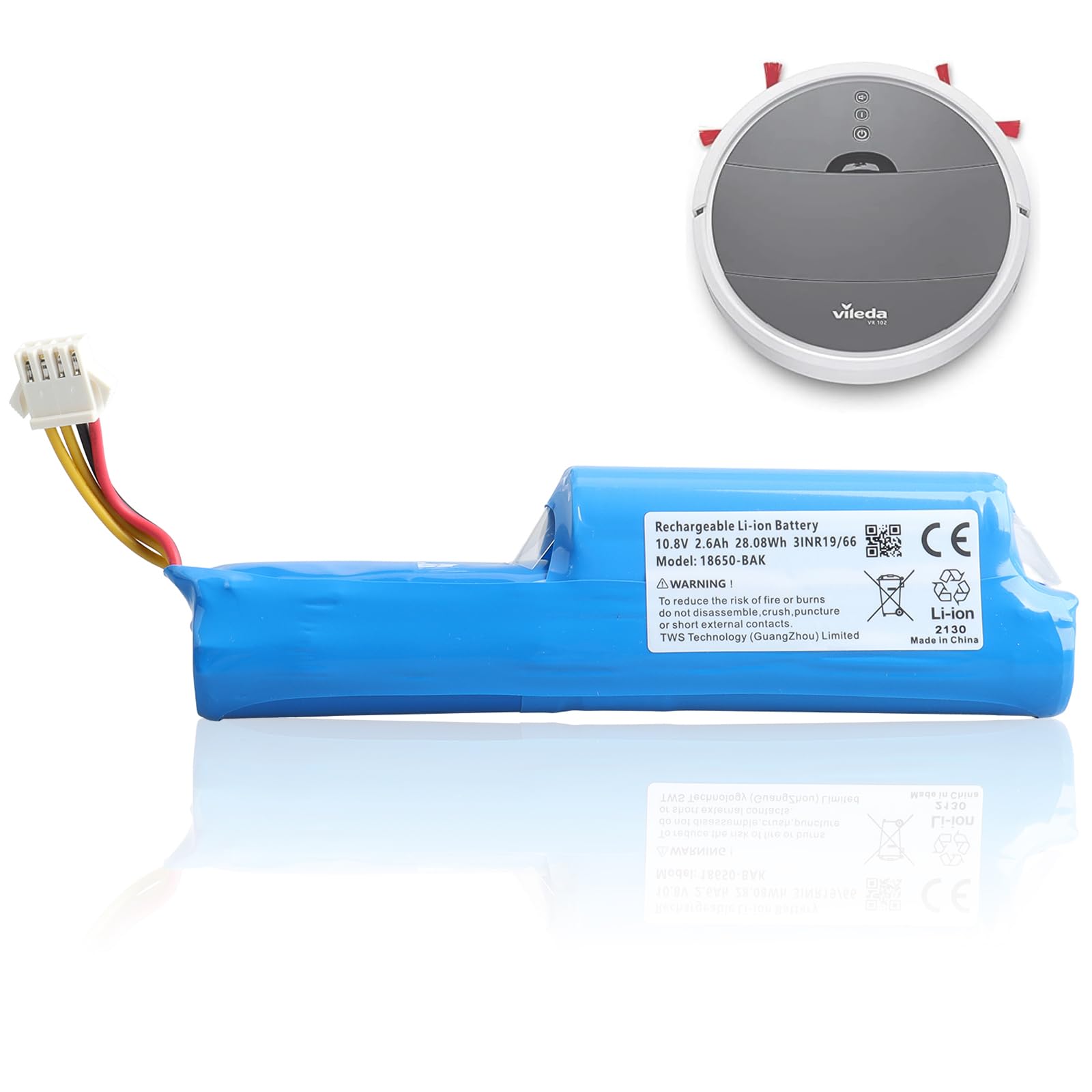 2600mAh Li-ion Vacuum Cleaner Replacement Battery Compatible with Vileda VR 102, VR One, VR 201 PetPro, VR 303, replaces 0769-03, 18650-AA (10,8V 28,08Wh)