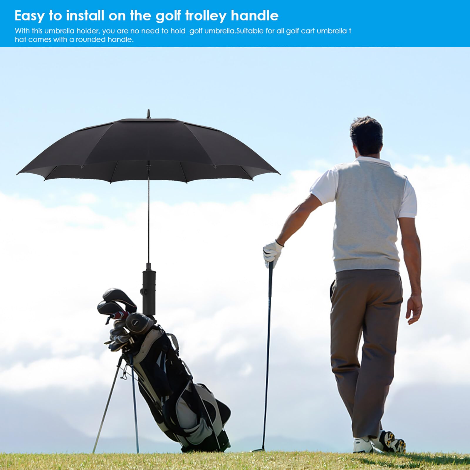 Sonhomay Golf Push Cart Umbrella Stand, Adjustable Golf Trolley Umbrella Holder for Golf Cart Handles, Outdoor Wheelchair Umbrella Holder Umbrella Clip Mounting Attachment Golf Accessory - Image 4