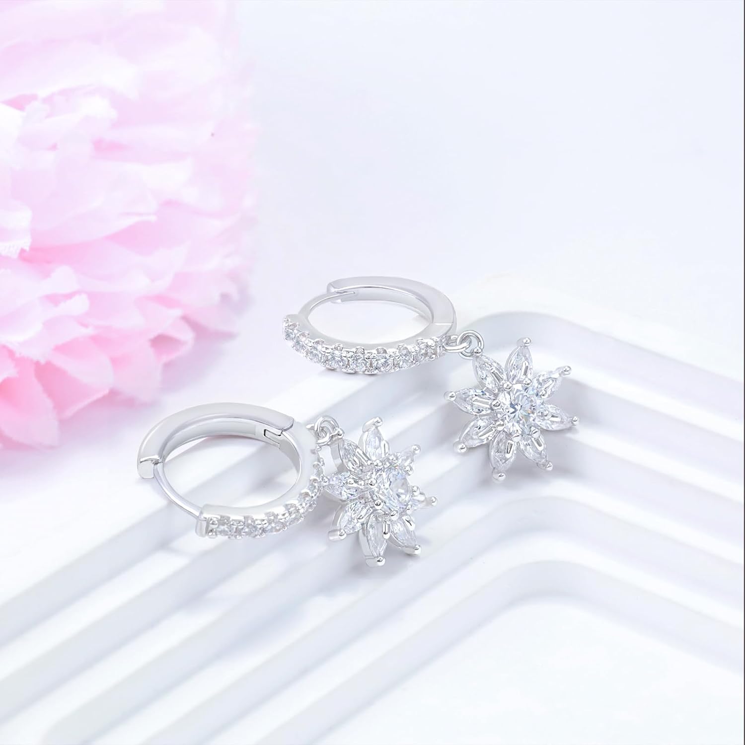 Sterling Silver Sparkling CZ Flower Dangle Hoop Earrings Dainty Small Crystal Daisy Flower Huggie Hoop Earrings Piercing Cartilage Jewelry for Women Wedding Birthday Party Gift Daughter Her - Image 2