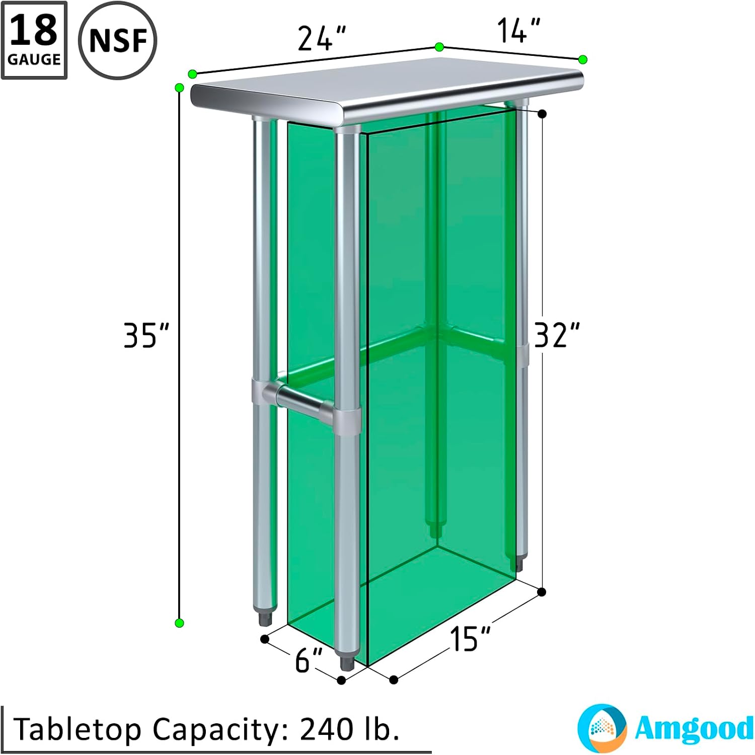 AmGood Stainless Steel Work Table Open Base | Metal Work Bench (Stainless Steel Table Open Base, 24" Long x 14" Deep)