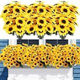 Redbaker 24 Bundles Yellow Sunflower Faux Mums for Outdoor Artificial Flower with Stems Bouquet Fake Plants Bulk UV Resistant Plastic No Fade Wedding Fall Garden Home Window Decor