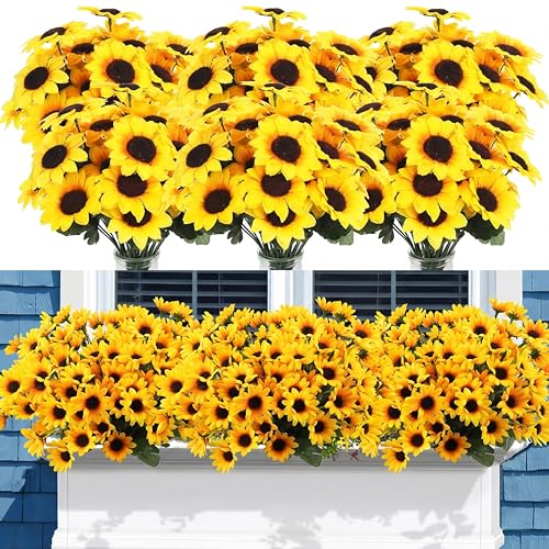 Redbaker 24 Bundles Yellow Sunflower Faux Mums for Outdoor Artificial Flower with Stems Bouquet Fake Plants Bulk UV Resistant Plastic No Fade Wedding Fall Garden Home Window Decor
