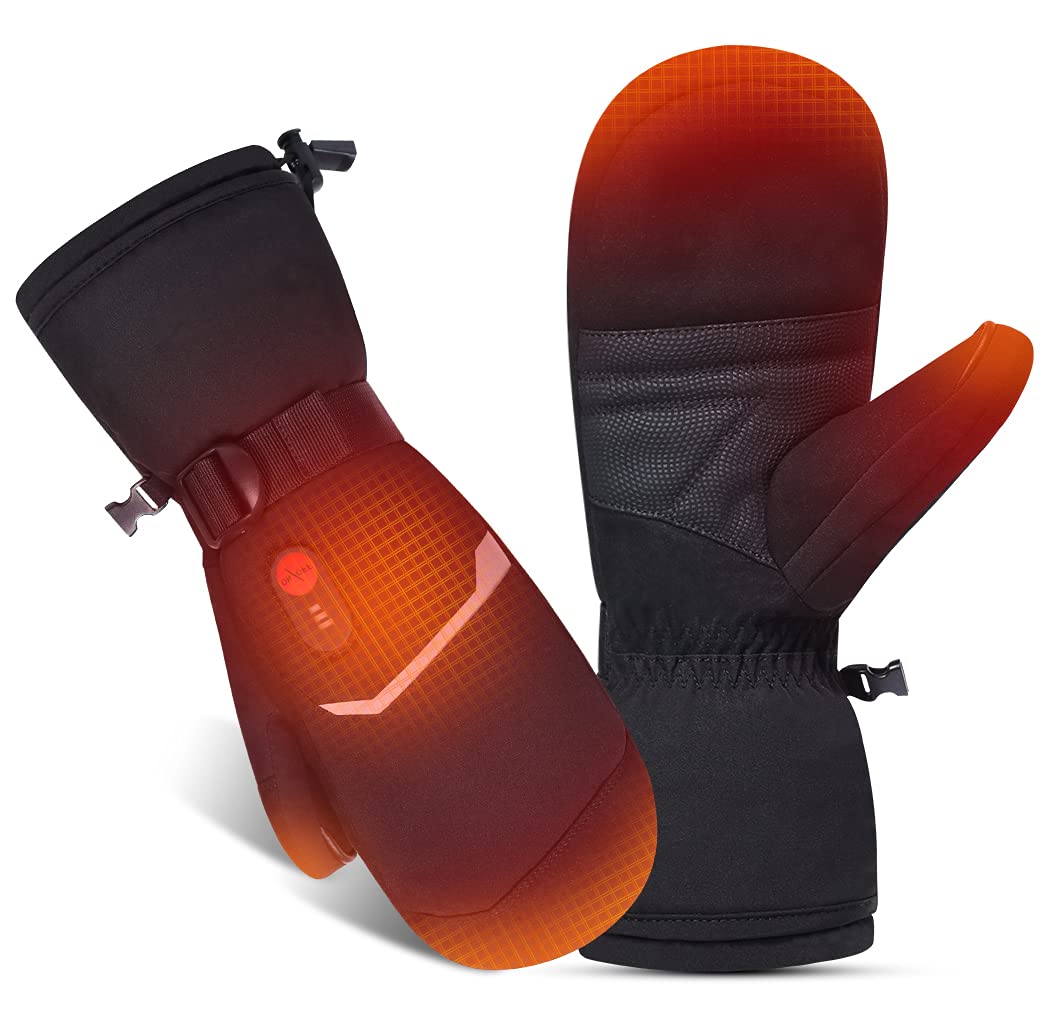 Beheizbare Ski-Fäustlinge – 7,4 V 2200 mAh Akku, 3 Heizstufen (40/50/60 °C), volle Finger-Heizfläche, wasserabweisend & Winddicht, Touchscreen, Verstellbarer Handgelenkriemen, Unisex Damen/Herren