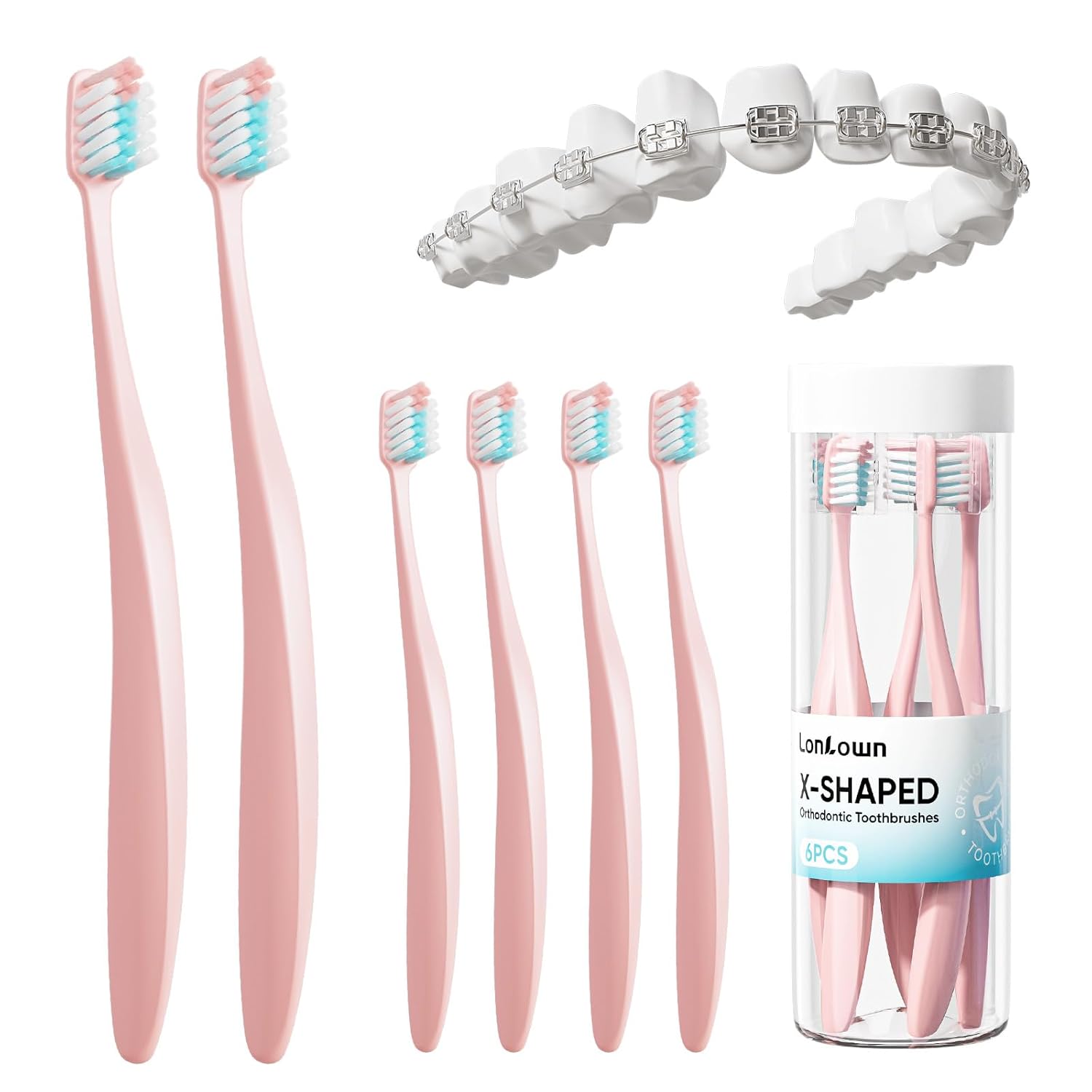 Escova de Dentes para Aparelho Ortodontia V-Shape para Adultos e Adolescentes com Capa para Cabeça da Escova, Escova Macia para Brackets e Dentes Sensíveis - Pacote com 6 Unidades